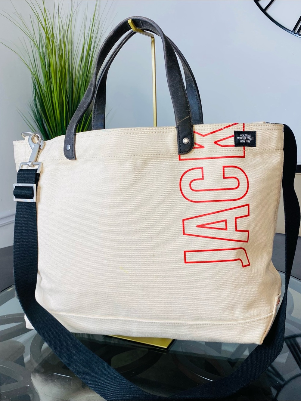 Jack Spade Canvas Dipped Coal Tote Bag Cream White Red JACK Crossbody